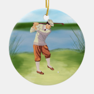 Vintage Golfer by the Riverbank Ceramic Ornament