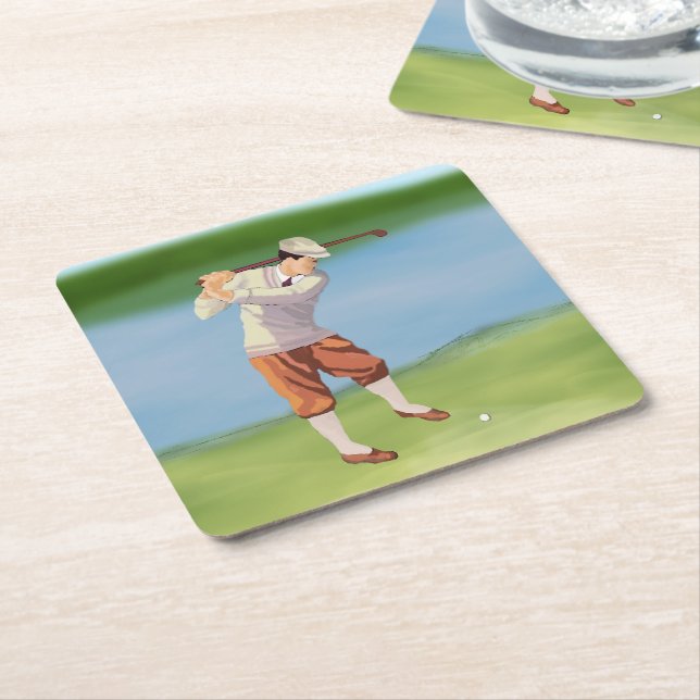Vintage Golfer by the Riverbank Square Paper Coaster (Angled)