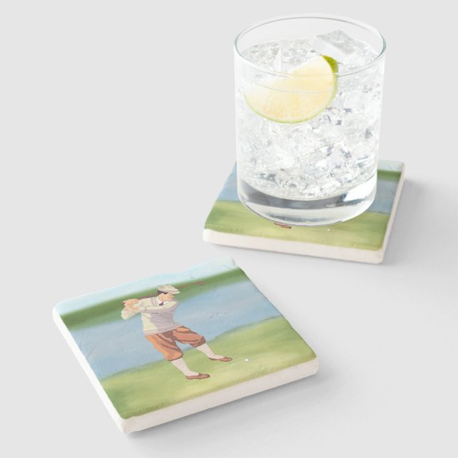 Vintage Golfer by the Riverbank Stone Coaster (Side)
