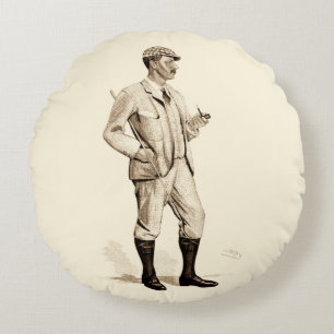 Vintage Golfer with Tobacco Pipe and Boots Round Pillow