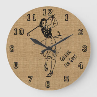 Vintage Golfing for Girls Faux Burlap Decorative Large Clock