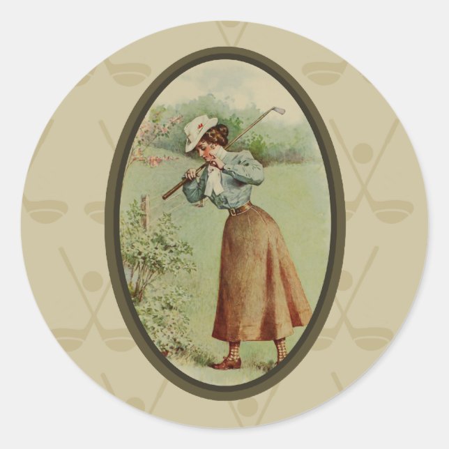Vintage Golfing Lady Art Classic Round Sticker (Front)