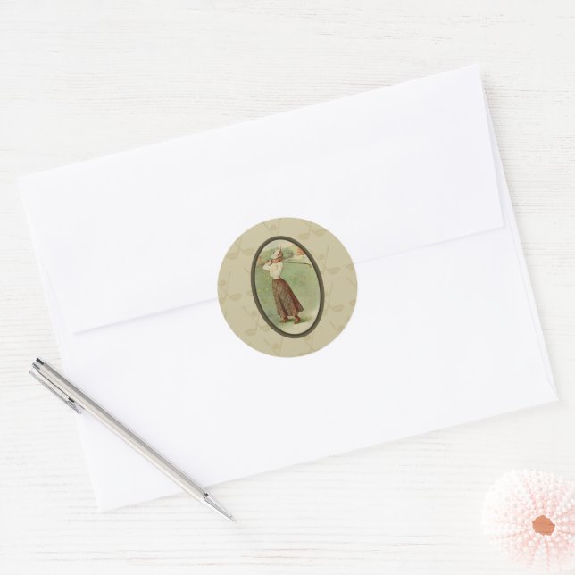 Vintage Golfing Lady Art (three) Classic Round Sticker (Envelope)