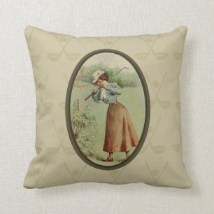 Vintage Golfing Lady Art Throw Pillow