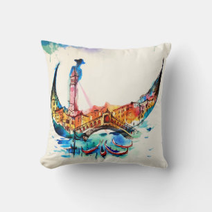Vintage Gondola Venice City Travel Love Watercolor Throw Pillow