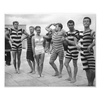 Vintage goofy men in bathing suits with woman photo print