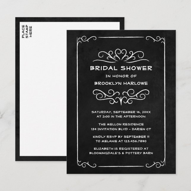 Vintage Goth  Black Chalkboard Bridal Shower Invitation Postcard (Front/Back)