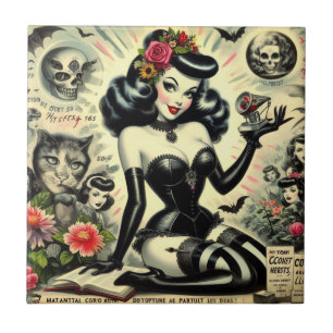 Vintage Goth Girl Illustration Tile