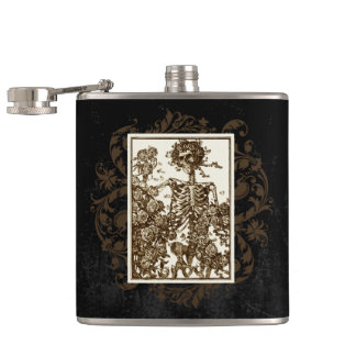 Vintage goth illustration skeleton picking roses, hip flask