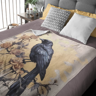 Vintage Goth Raven Gold Roses Watercolor Fleece Blanket