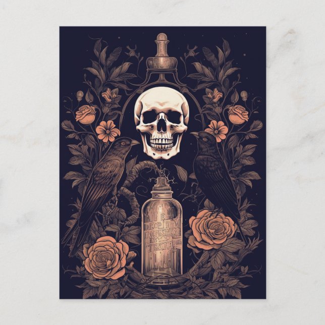 Vintage Goth Skeleton Skull Raven Poison Halloween Postcard (Front)
