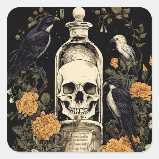 Vintage Goth Skeleton Skull Raven Poison Halloween Square Sticker