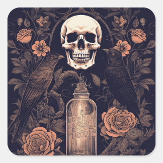 Vintage Goth Skeleton Skull Raven Poison Halloween Square Sticker