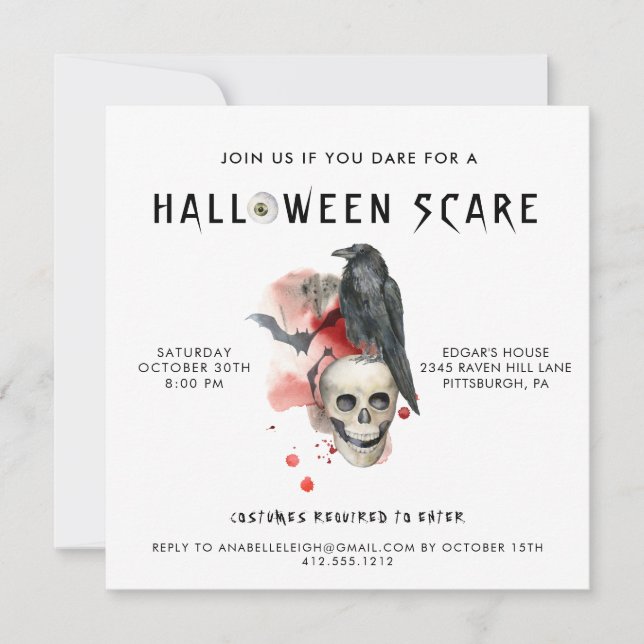 Vintage Goth Skull Raven Spooky Halloween Party  Invitation (Front)
