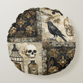 Vintage Goth Skulls and Birdcages Round Pillow