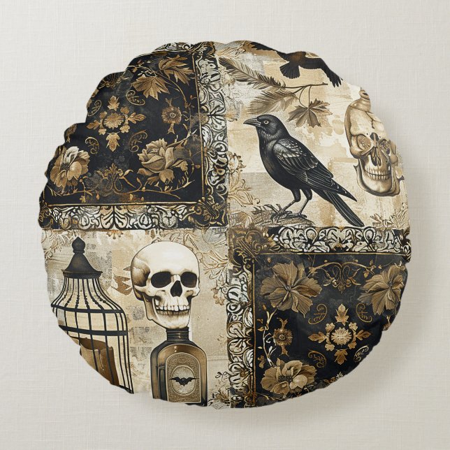 Vintage Goth Skulls and Birdcages Round Pillow (Front)