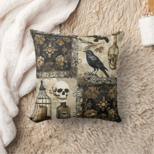 Vintage Goth Skulls and Birdcages Throw Pillow