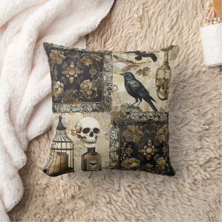 Vintage Goth Skulls and Birdcages Throw Pillow