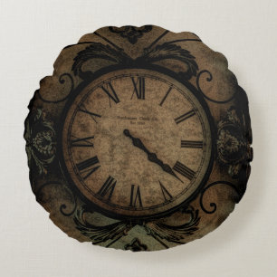 Vintage Gothic Antique Wall Clock Steampunk Round Pillow