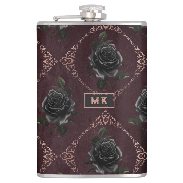 Vintage Gothic Black Roses Monogram Hip Flask (Front)