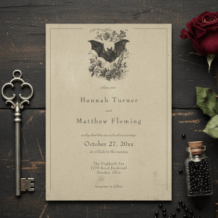 Vintage Gothic Black Toile Bat Tan Wedding Invitation