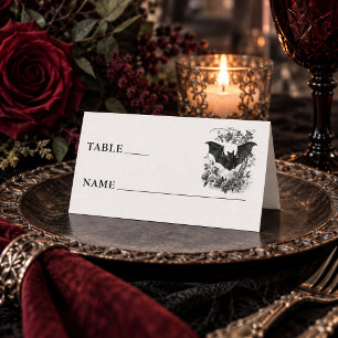 Vintage Gothic Black Toile Bat White Wedding Place Card