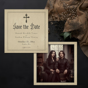 Vintage Gothic Black Toile Cross Tan Photo Wedding Save The Date