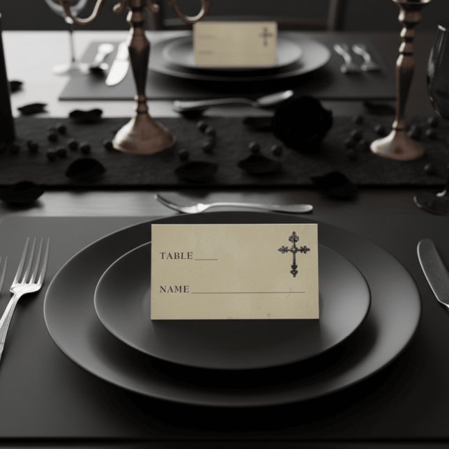 Vintage Gothic Black Toile Cross Tan Wedding Place Card (Creator Uploaded)