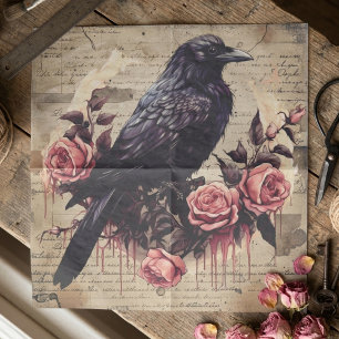 Vintage Gothic Crow and Pink Roses Collage Tissue Paper