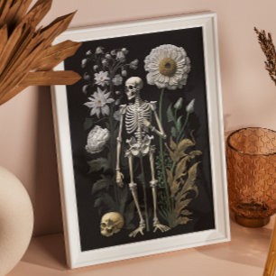 Vintage Gothic Floral Skeleton   Dark Botanical Poster