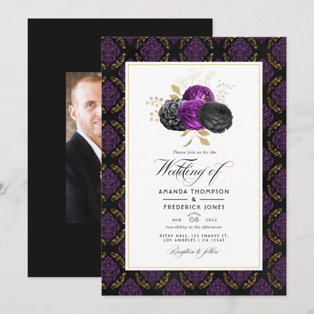 Vintage Gothic Floral Wedding Photo Invitation (Front/Back)