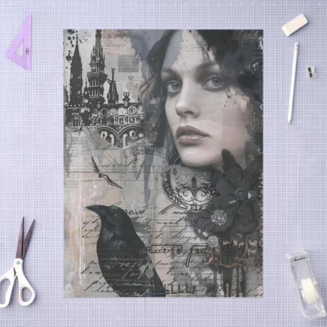Vintage Gothic Girl & Raven Decoupage Tissue Paper (Craft)