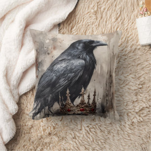 Vintage Gothic Halloween Large Black Raven Bird Throw Pillow