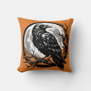 Vintage Gothic Halloween Large Black Raven Bird Throw Pillow