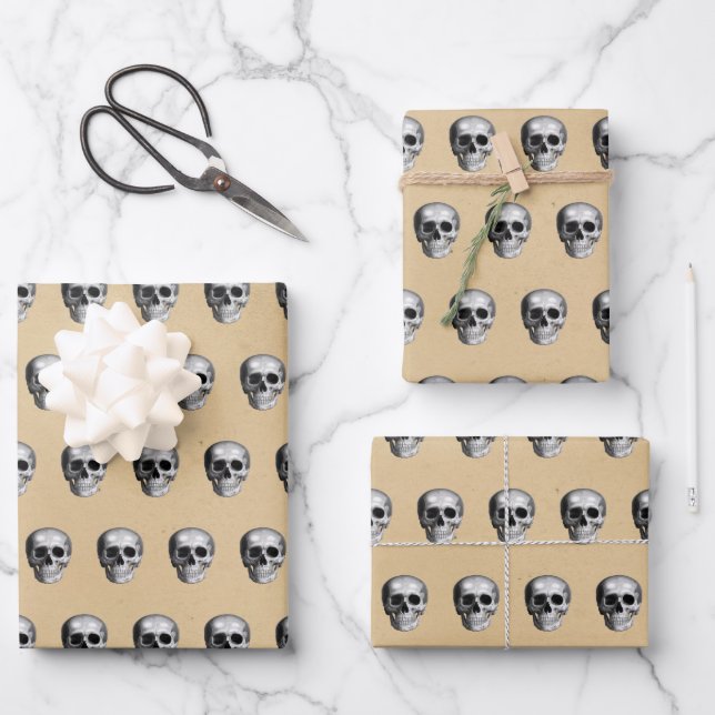 Vintage Gothic Halloween Skull Pattern Wrapping Paper Sheet (Front)