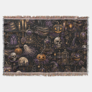 Vintage Gothic Halloween Spooky Night Pattern Throw Blanket