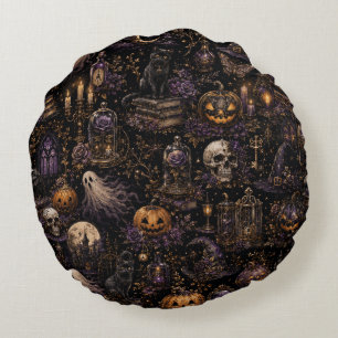 Vintage Gothic Halloween Spooky Seamless Pattern Round Pillow