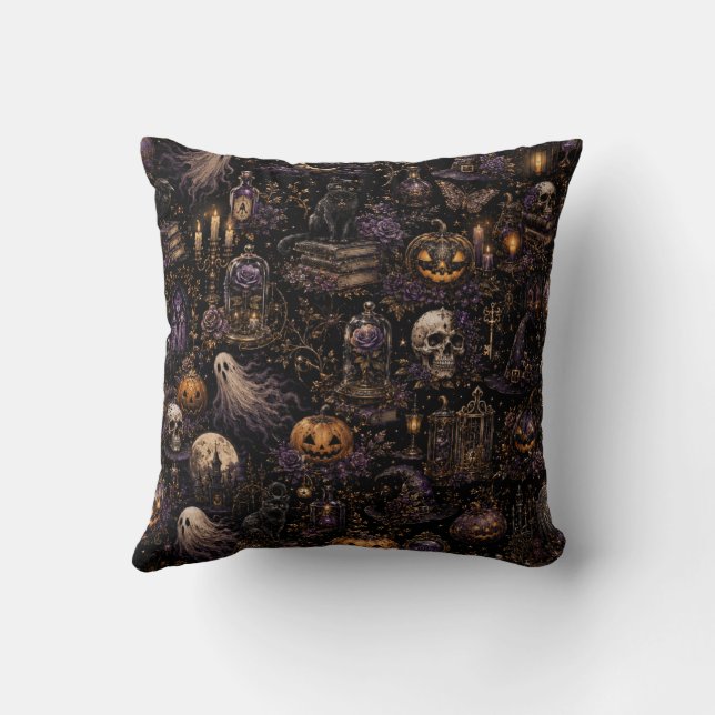 Vintage Gothic Halloween Spooky Seamless Pattern Throw Pillow (Back)