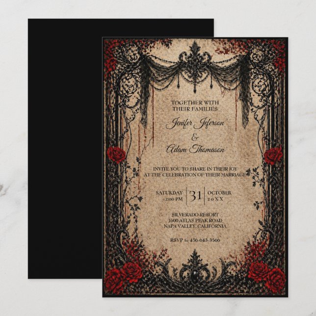 Vintage Gothic Halloween Wedding Invitation (Front/Back)