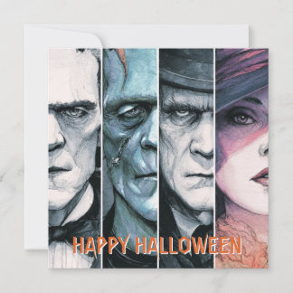 Vintage Gothic Monsters Spooky Halloween Holiday Card