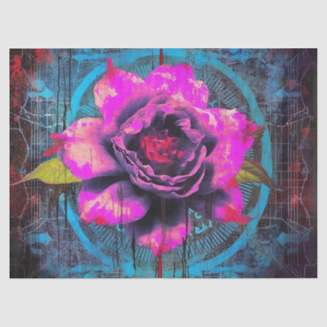 Vintage Gothic Neon Pink Rose Decoupage Tissue Paper (Front)