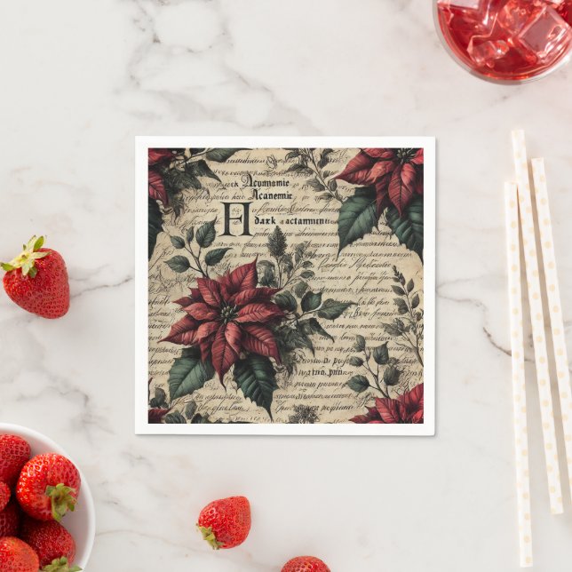 Vintage Gothic Poinsettia Parchment Decoupage Napkin (Insitu)