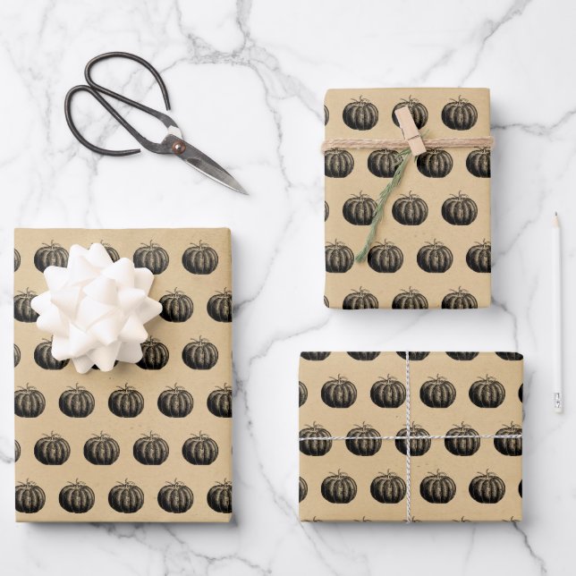 Vintage Gothic Pumpkin Halloween Pattern Wrapping Paper Sheet (Front)