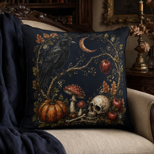 Vintage Gothic Samhain Raven Moon Skull Art Throw Pillow