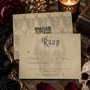 Vintage Gothic Skeleton Halloween Wedding QR RSVP Card