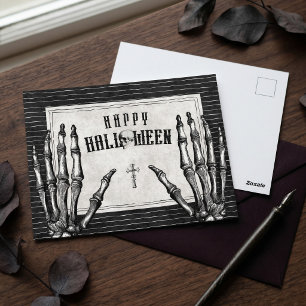 Vintage Gothic Skeleton Happy Halloween Postcard