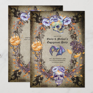 Vintage Gothic Skulls Purple Orange Flowers Goth Invitation