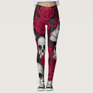 Vintage Gothic Skulls Red Roses Garden Leggings