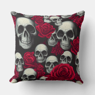 Vintage Gothic Skulls Red Roses Garden Throw Pillow