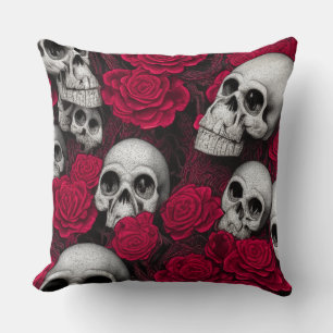 Vintage Gothic Skulls Red Roses Garden Throw Pillow